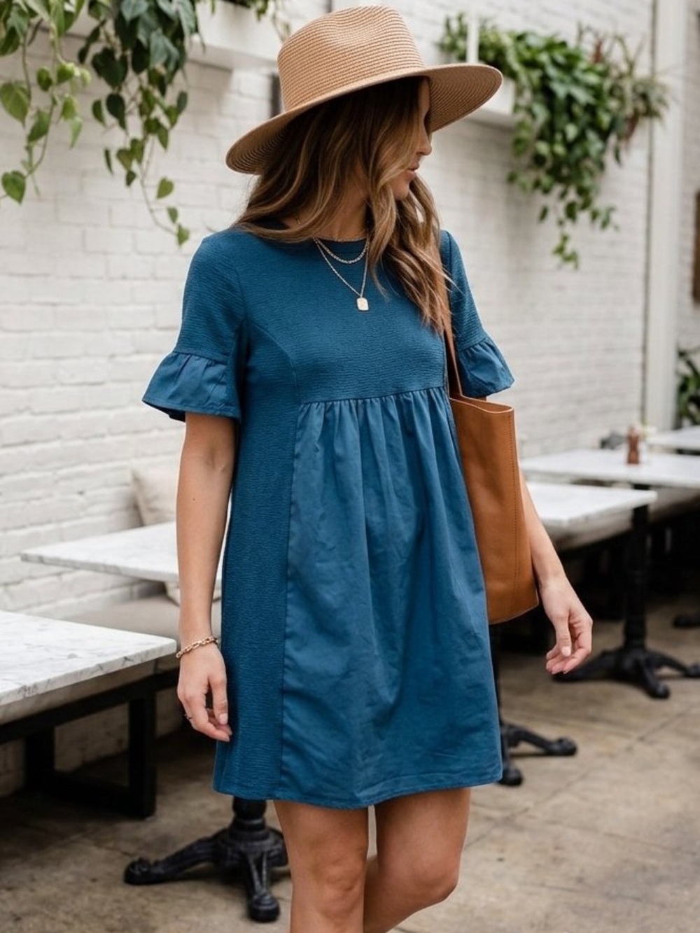English Factory Multimedia Tiered Contrast Teal Short Sleeve Babydoll Dress Sz M